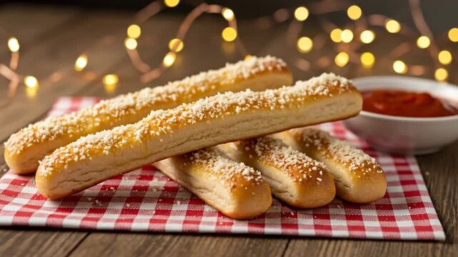 Golden baked breadsticks with sesame seeds on red-checkered cloth, cozy rustic table setup, festive holiday vibe