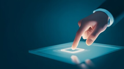 A hand with a finger extended, poised to touch an illuminated digital surface, against a dark blue background, conveying concepts of interaction, technology, and futuristic interface.