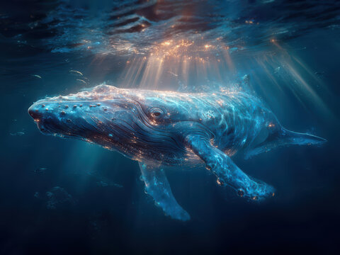 Transparent, luminous sea creature floating through waters, pulsing luminescent tendrils sparkling water with marine particles high resolution, cinematic effect deep blue waters maj - AI-Generated
