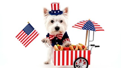 Patriotic Dog Selling Hot Dogs from a Cart with American Flag Decorations
