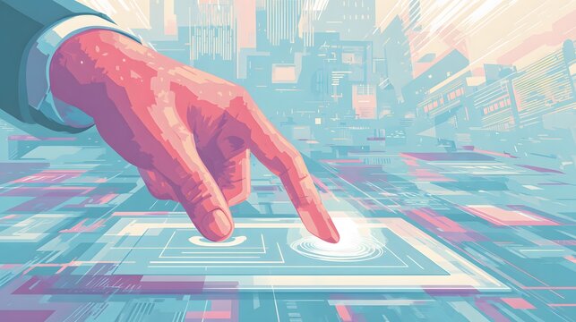 Depiction of a hand interacting with a futuristic interface, indicated by the pointed index finger, showcasing a potential technological interface in a city environment, employing stylized artwork... - Powered by Adobe