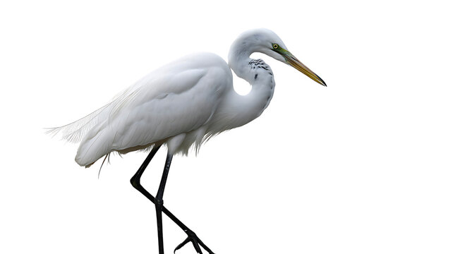 Elegant great egret standing on dark background with yellow beak and black legs