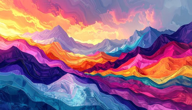 Abstract landscape of vibrant mountains under a colorful sky