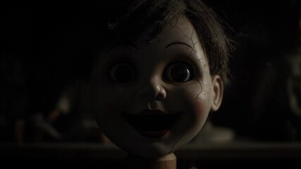 Creepy doll face close up with unsettling expression and open mouth - Powered by Adobe