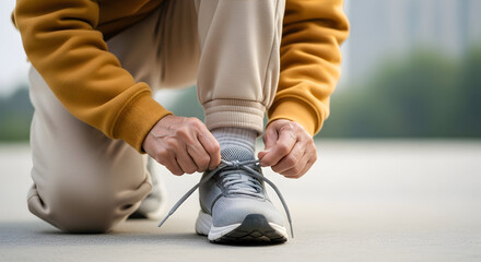 A mature man ties his shoelaces before jogging in the park, showcasing a commitment to fitness and an active, healthy lifestyle choice outdoors.