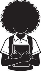 Silhouette of a student or child with afro curly hair holding a book, symbolizing education, learning, or reading in a minimalist black and white style