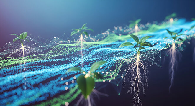 Digital Concept of Plant Seedlings Connected by Glowing Blue and Green Data Waves
