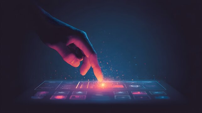 A human finger interacts with a glowing digital interface, activating a bright point of light, creating a futuristic and technological concept against a dark blue and orange gradient background,...