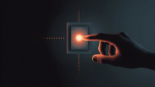 The illuminated fingertip of a hand approaches a glowing square button against a dark gray background, featuring dotted light trails that extend outwards from the button's center