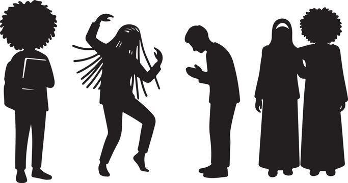 Silhouettes of diverse individuals representing multiculturalism, various beliefs, and personal expressions like dancing, studying, and praying