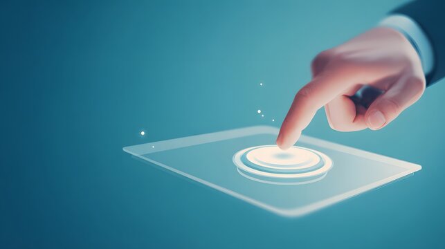 Human hand touching a futuristic digital interface, simulating interaction with a virtual button. The composition displays a transparent, glowing screen with a light blue background.