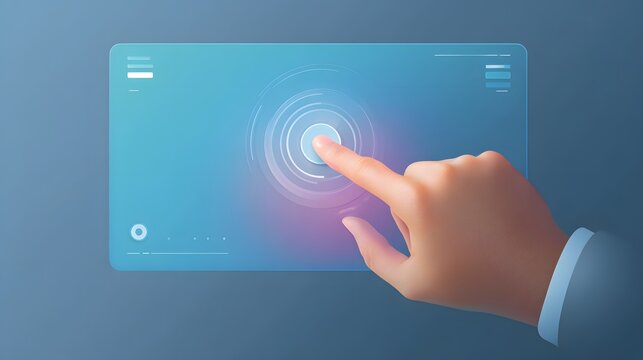 Digitally rendered image depicts a hand pressing a button on a futuristic, glowing touchscreen interface, showcasing interactive design. - Powered by Adobe