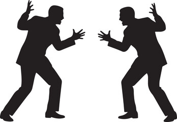 Two business men silhouettes in a heated argument, conflict, dispute, or confrontation, symbolizing disagreement, communication issues, or a power struggle
