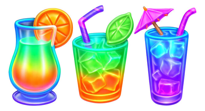 Colorful Assortment of Tropical Drinks with Transparent Glasses and Fruit Garnishes