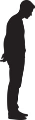 Black Silhouette of a Sad or Contemplative Man Standing and Looking Down, Profile View, Isolated on White Background