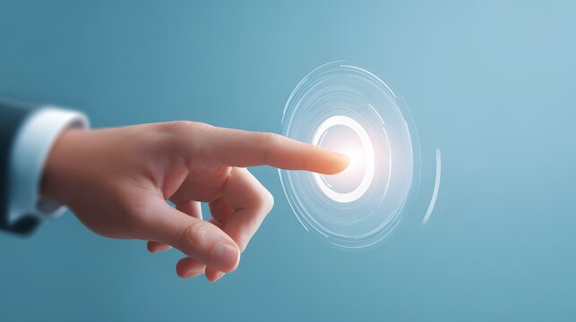 view of a hand pressing a glowing virtual button with a fingertip against a blue background, symbolizing technology, innovation, or futuristic interface, showcasing human interaction and digital...