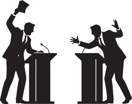  Heated Debate or Argument Silhouette Two Men in Suits at Podiums Engaged in Public Speaking, Confrontation, or Political Discussion