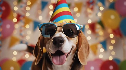 Cute dog joyfully frolics amidst colorful balloons while wearing party hats and sunglasses, capturing the essence of playfulness and whimsy for advertisements or promotional materials targeting.