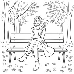 Woman Sitting on Park Bench in Nature Scene Coloring Page