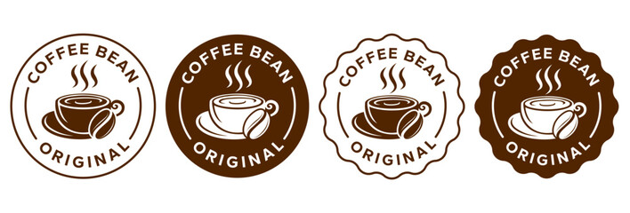 Coffee shop logo. Retro badge coffee bean and leaf branch with mountain natural icon line stamp logo vector design in vintage hipster modern style, premium coffee shop bar brand symbol icon.