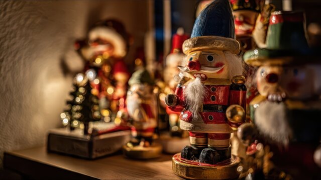 A festive display of christmas nutcrackers and decorations on a wooden surface with warm lighting
