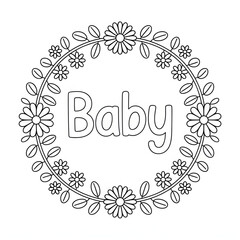 Baby art round frame with flowers coloring page 