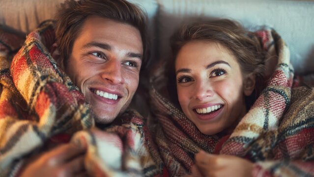 Young couple smiling and wrapped in a colorful blanket while relaxing together indoors at home smiling