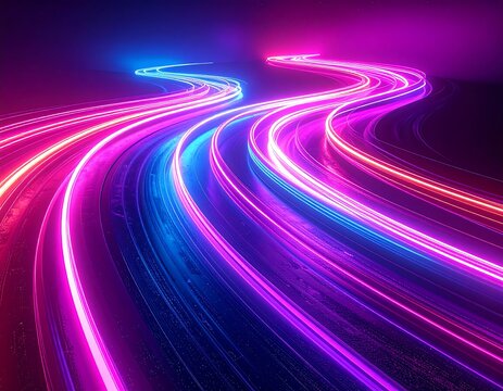 Abstract neon light trails curve, illuminating a dark, sleek background - Powered by Adobe