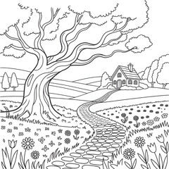 Nature Scene Coloring Page with Tree, Path, and House