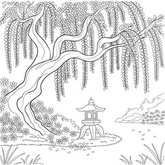 Traditional Japanese Garden Scene with Willow Tree and Lantern Coloring Page