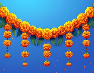 Artistic depiction of a marigold garland, vivid colors and blue backdrop
