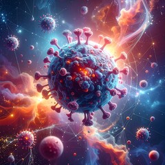 Artistic depiction of a microscopic virus in a cosmic nebula