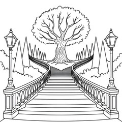 Beautiful Park Bridge with Tree and Lamp Posts Coloring Page