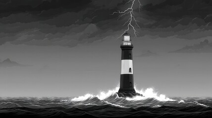 Comic Adventure Ink drawing concept. A lighthouse amidst a stormy sea with lightning striking above.