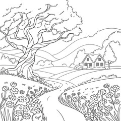 Beautiful Nature Scene Coloring Page with Tree, House, River, and Flowers 