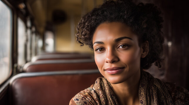 Portrait of a beautiful Black woman sitting by a window on a bus, reflecting on history and freedom for Rosa Parks Day, USA
