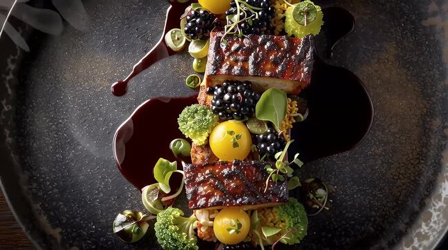 Gourmet grilled fish with garnishes and colorful presentation with ai generated
