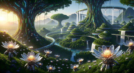 Futuristic Utopia City with Bioluminescent Tree Towers and Solar Flower Gardens