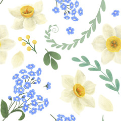 Seamless pattern with flowers of blue forget-me-nots, white daffodils, green twigs colors with watercolors in flat style and pastel colors. for design