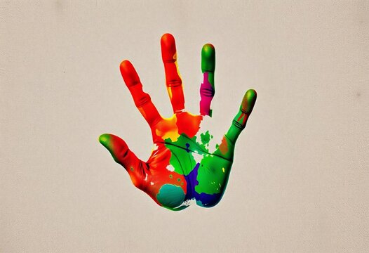 Vibrant, multi-colored handprint on textured surface,   impression,   colorful design - Powered by Adobe