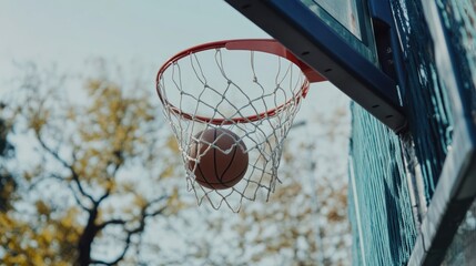 the beauty of a swish shot captured in a low-angle perspective, showcasing the ball perfectly nested inside the net during a basketball game