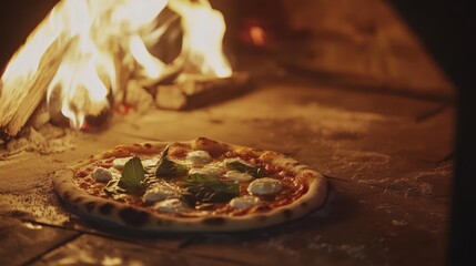a tantalizing perspective showcases a captivating pizza, nestled within the warm embrace of a traditional, wood-fired oven's fiery heart