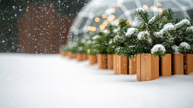 Snowy christmas scene with evergreen tree branches in wooden planters outside, festive lights glowing in background, peaceful winter atmosphere