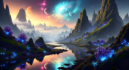 Fantasy Celestial Landscape with Multiple Planets, Nebula Sky, and Bioluminescent Plants