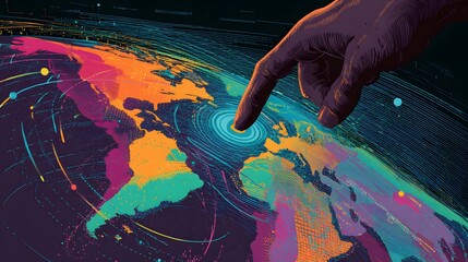The image depicts a stylized globe with vibrant colors, overlaid with a network of lines and dots, and a human finger touching the globe, giving an impression of control or interaction.
