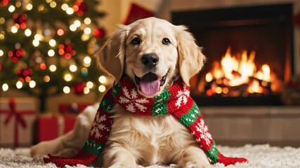 A happy dog, dressed in a scarf, lies comfortably on a carpeted floor, capturing the concept of joy and companionship, making it perfect for commercial uses such as advertising pet related.