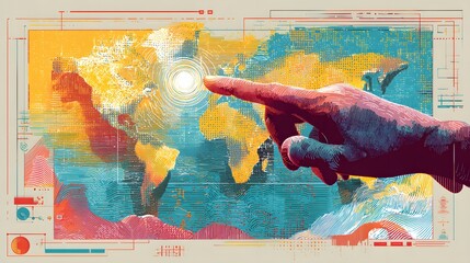 A digital illustration displays a hand pointing towards a bright spot on a stylized map of the world, with a blend of vibrant colors, textured patterns, and data lines, emphasizing connection and a...