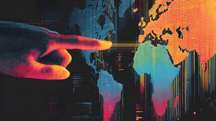 Digitally rendered hand points towards a colorful, pixelated map of the world, featuring continents rendered in hues of blue, orange, and red, set against a dark background, emphasizing global...
