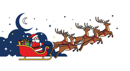 Santa Claus and His Reindeer Flying Across the Night Sky with Gifts on Christmas Eve