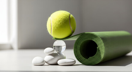 Tennis Ball Balanced on a Glass Sphere and Rolled Yoga Mat with White Stones